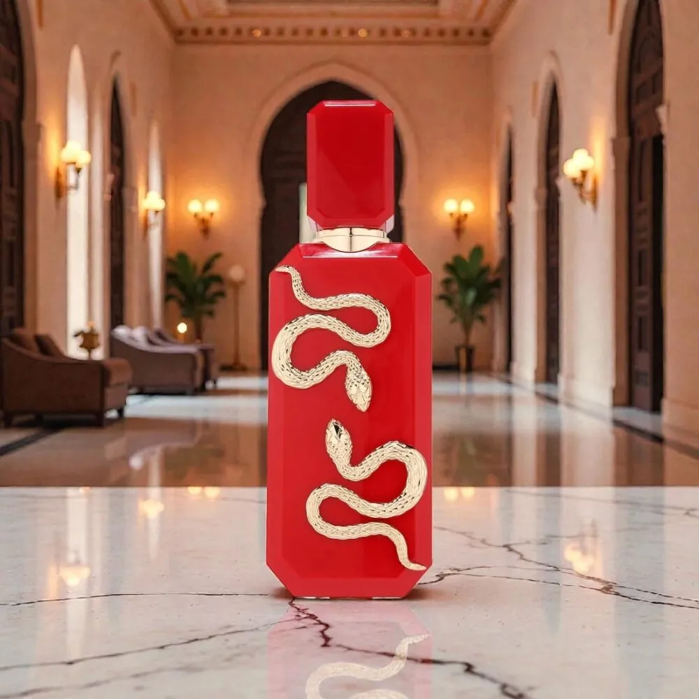Parfum arabesc Veneno Scarlet de la French Avenue 100ml, flacon cu design roșu inspirat din colecția Serpent.